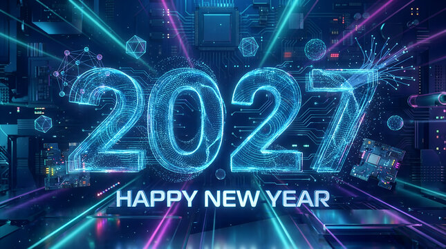 Digital year two thousand twenty seven with circuit board and glowing lines