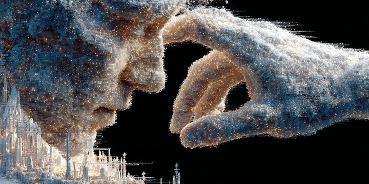Digital human profile and hand reaching toward each other over a futuristic city, connection and technology