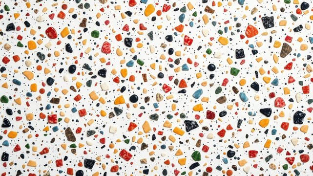 A vibrant abstract pattern created by an array of colorful and textured pieces arranged in a seemingly random fashion, forming a captivating visual composition.