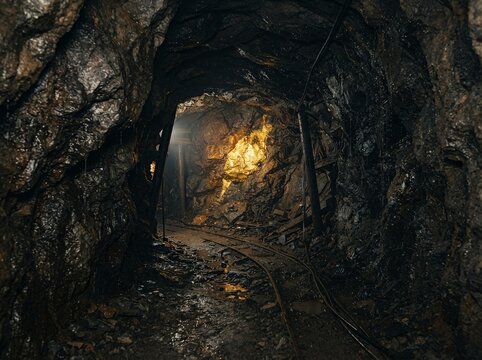 An atmospheric view inside a dark subterranean mine tunnel featuring damp rock walls with glistening water droplets and veins of glowing gold ore illuminated by faint light deep within the earth