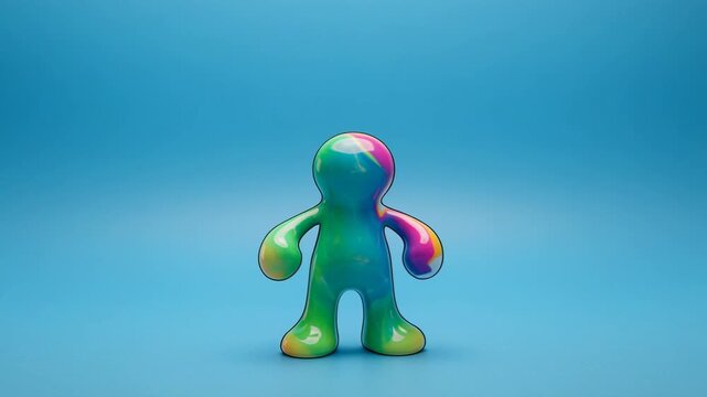 Abstract character figure in rainbow gradient colors dancing with subtle motion against a clean blue backdrop