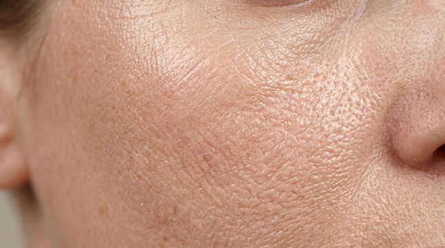 Extreme macro close up of rough skin texture, enlarged pores, deep wrinkles, and severe sun damage on a human cheek