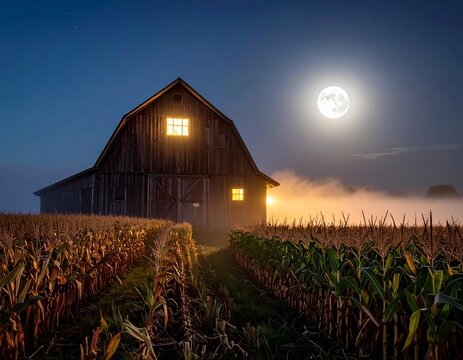 Haunted barn in cornfield at night, glowing windows, fog, moonlight, cinematic realism