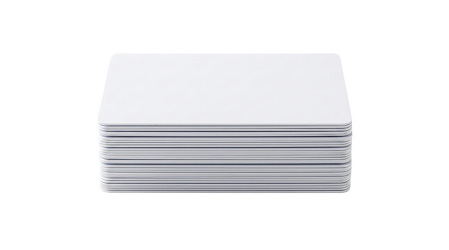 Minimalist stack of blank white plastic cards, clean PVC identification card mockup, professional security badge template on white background