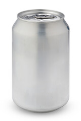 Naklejka premium blank silver aluminum soda can mockup isolated on white with clipping path.. Perfect template for branding, package design showcase, and soft drink or beer product presentation.