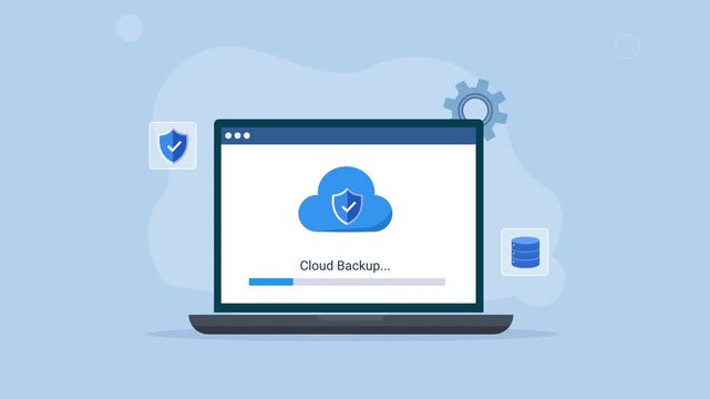 Animated laptop with Cloud Backup interface, cloud storage icon, shield, and database elements, representing cloud backup, data protection, secure storage, software, and digital technology.