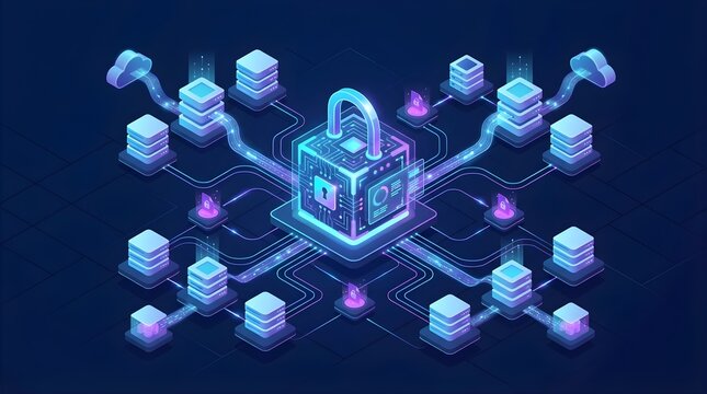 Isometric encrypted padlock cube managing data routing across distributed cloud server nodes and files.