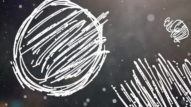 Abstract chalk doodles on dark background with bokeh and dust particles during soft light