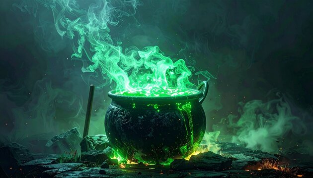 Witch cauldron bubbling with glowing green liquid, smoke, dark fantasy illustration, ultra detailed