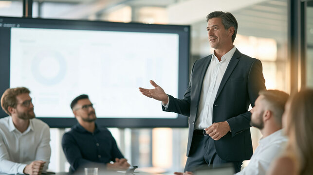 Mature businessman giving presentation in modern boardroom, leading team discussion during corporate meeting