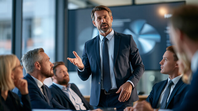 Business leader presenting during corporate meeting, discussing strategy and financial data with colleagues in office boardroom