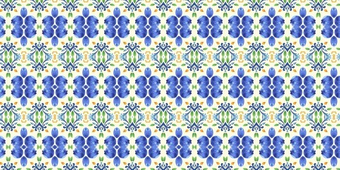 Seamless ethnic folk pattern featuring repeating blue floral elements, green botanical motifs, and golden accents on a cream background. © Muhammad lutfi