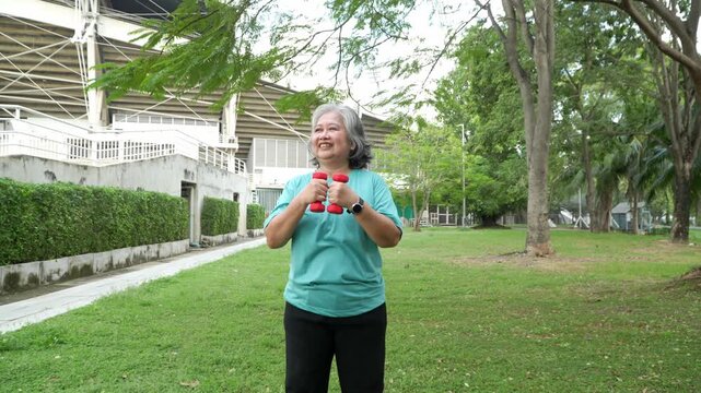 Charming Asian elderly woman lifting dumbbells outdoors, representing fitness, wellness, beauty, and healthy lifestyle in cheerful park environment with grass, natural daylight, positive atmosphere