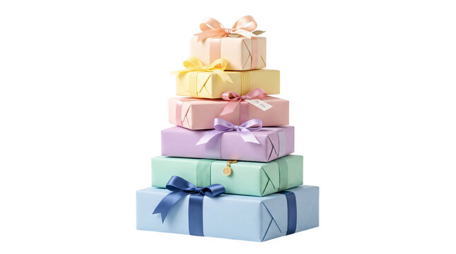 Pastel gift boxes stacked in pyramid, colorful wrapped presents with satin ribbons, festive holiday gift stack on white background