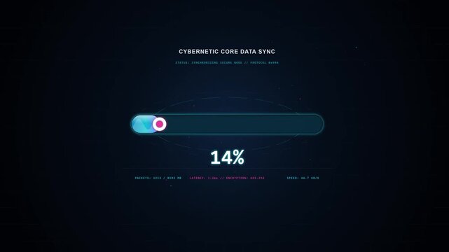 Digital Cybernetic Core Data Sync Loading Screen Interface in a Dark Environment