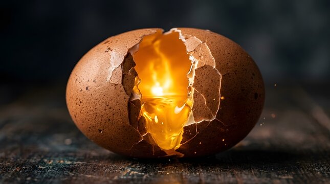 Cracked brown egg with glowing golden light inside symbolizing new beginnings and creativity