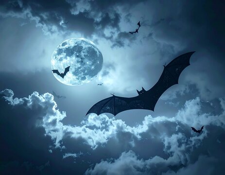 Dark Halloween night sky with full moon, flying bats, clouds, minimal composition, copy space, cinematic mood