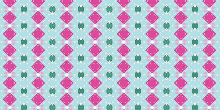 Seamless ethnic folk pattern featuring repeating light blue background, magenta pink diamond tiles, and green cactus motifs.