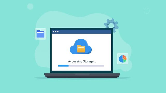 Animated laptop with Accessing Storage interface, cloud storage icon, folder, and analytics element, representing cloud computing, data storage, file access, software, and digital technology.