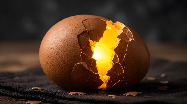 Conceptual cracked brown egg revealing intense golden light from within, symbolic of new beginnings.