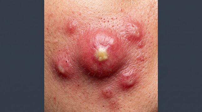 Extreme macro close up of a large inflamed painful furuncle boil or cystic acne pus bump