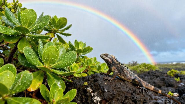 A lizard perches on volcanic rock beside green foliage with a vibrant rainbow in the background.