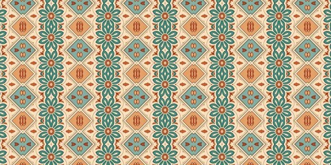 Seamless geometric pattern and repeating ethnic textile design featuring rich teal floral motifs and warm rust shapes. © Muhammad lutfi