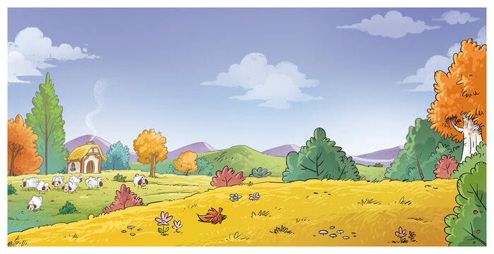 Illustration of a country house with sheep in autumn, children's background