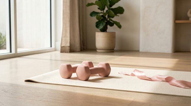 Pink dumbbells on a yoga mat representing strength and health during breast cancer awareness month october in a bright room