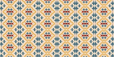 Seamless geometric pattern and repeating ethnic textile design featuring dark blue floral elements and golden arches. © Muhammad lutfi