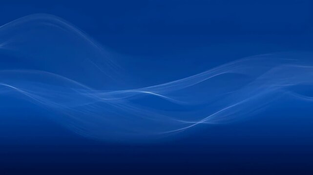 Abstract blue flowing wave lines gently undulate over a dark gradient background. Layered composition brings together semi-transparent flowing wave lines and motion.