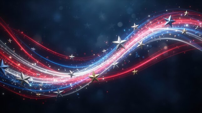Swirling Red White and Blue Light Streaks with Stars on a Dark Background image photo