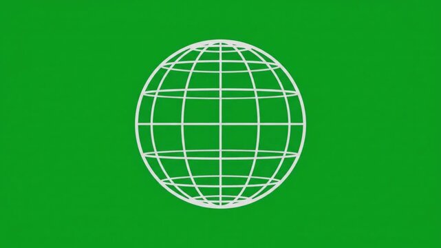 Animated white wireframe globe rotating on green screen background, for easy chroma, key compositing
