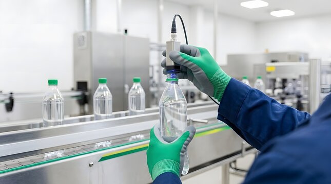 Worker Inspecting Clear Plastic Water Bottle with Handheld Scanner on Production Line