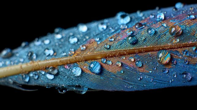 Vivid macro shot of a blue and orange feather, densely covered in sparkling water droplets against a stark black background