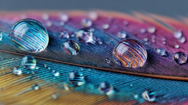 Macro shot of water droplets on a multicolored feather, showcasing refractive qualities and vibrant hues
