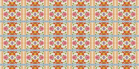 Seamless ethnic folk pattern featuring repeating red and pink floral bands, orange stripes, and blue wavy lines. © Muhammad lutfi