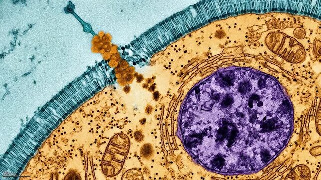 Microplastic particle internalization within biological cell membrane, demonstrating environmental pollution danger, visualizing cellular absorption, nanoplastic health hazard.
