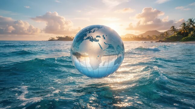 Transparent globe floating on ocean waves at sunset with tropical island background Keywords: globe, earth, ocean, sea, water, waves, sunset