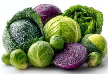 Fototapeta premium Assorted fresh cabbages including green, purple, and savoy varieties arranged together on a white background showcasing their vibrant colors and textures