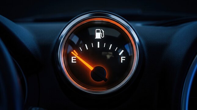 Glowing orange car fuel gauge on dashboard indicating low fuel and warning light