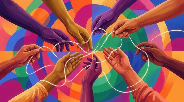 Colorful illustration of community, diversity and collaboration with hands connecting with threads