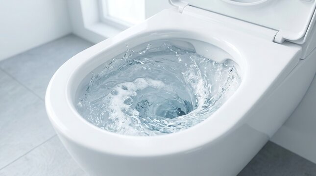 A modern white toilet bowl flushing with water.