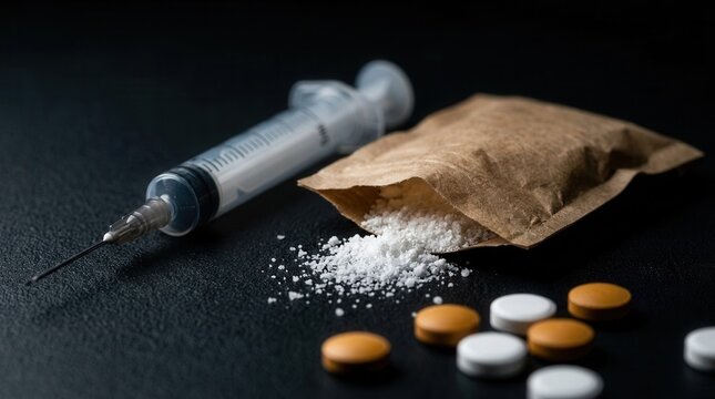 A syringe, white powder, and pills on a dark background depicting drug abuse, injection usage, and addiction risk.