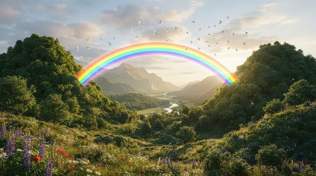 Vibrant rainbow arching over a lush green valley with mountains and flying birds clouds