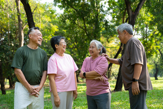 Group of elderly people standing and talking in public park after exercise, symbolizing senior lifestyle, wellness, and companionship in outdoor environment with greenery, daylight