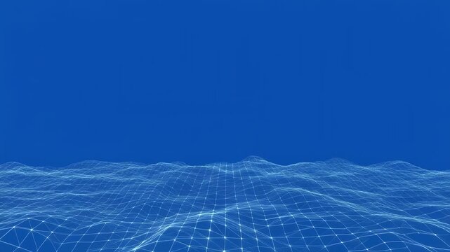 Abstract Digital Ocean Waves with Grid Overlay in Blue and Black Lighting