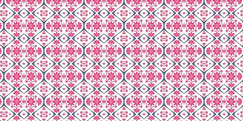 Seamless ethnic folk pattern featuring repeating vibrant pink floral motifs, intricate lace details, and a clean white background. © Muhammad lutfi