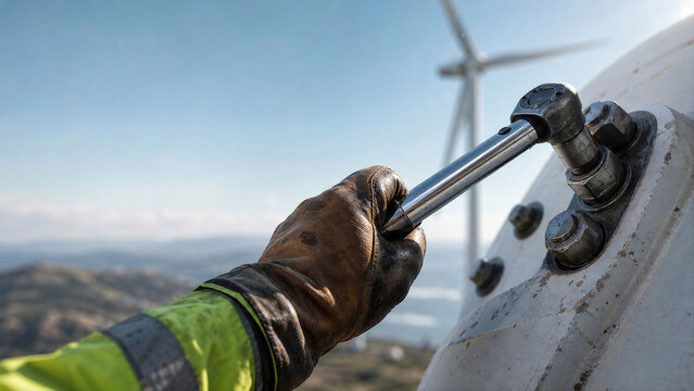 Field Technician Servicing Wind Turbine Bolt - Renewable Energy Infrastructure - ESG Sustainability Report Background - Candid Natural Side Light