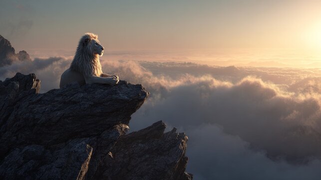 A majestic lion atop a craggy peak, gazing pensively over a sea of clouds bathed in the golden light of sunrise